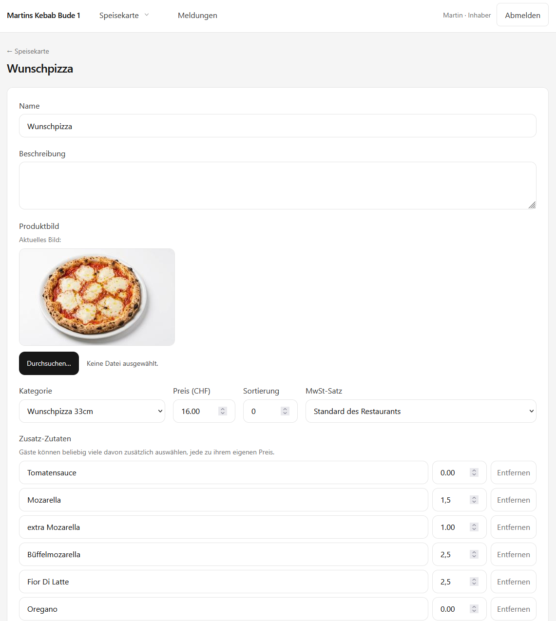 Screenshot: Produkt bearbeiten mit Preis, MwSt-Satz und Zusatz-Zutaten